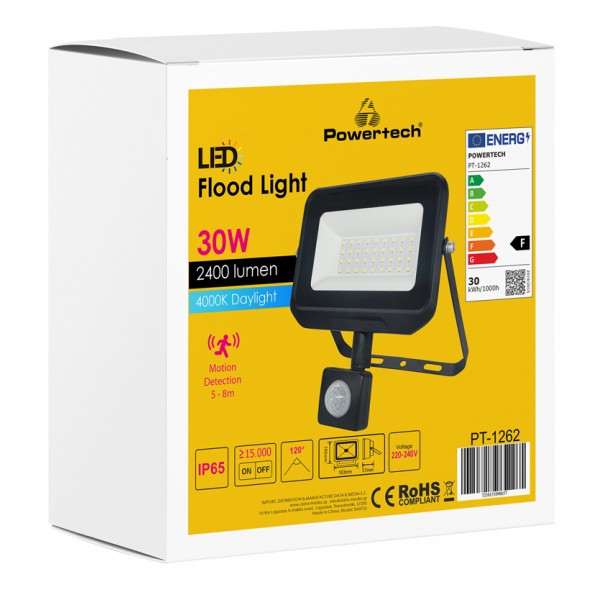 POWERTECH LED προβολέας PT-1262, με αισθητήρα κίνησης, 30W, 4000K, IP65 - Προβολείς