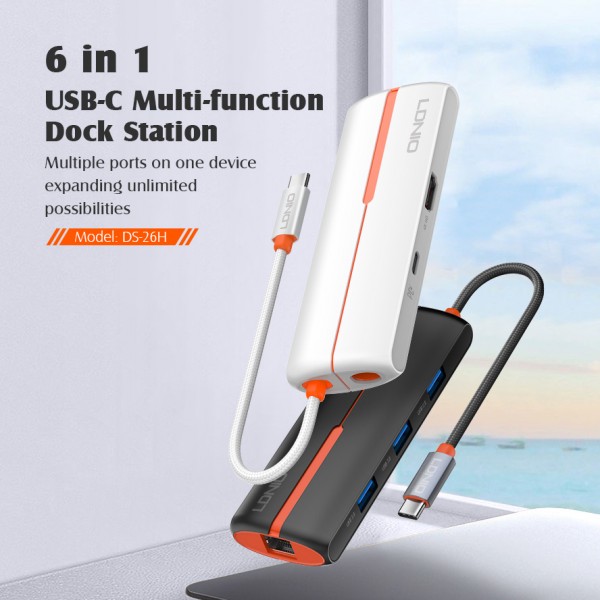 LDNIO docking station DS-26H, 6 θυρών, USB-C σύνδεση, 4K, 100W PD, λευκό - Docking Station