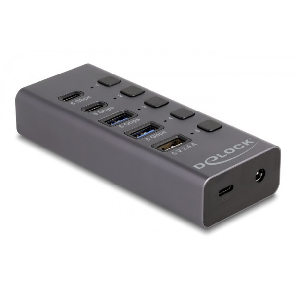 DELOCK USB hub 64248 με διακόπτες, 5x θυρών, 5Gbps, USB/USB-C σύνδεση, γκρι - USB Hubs - Card Readers