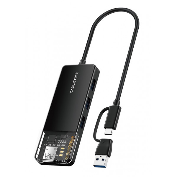 CABLETIME USB hub CT-HUBT5-PB, 4x θυρών, 10Gbps, USB/USB-C σύνδεση, μαύρο - USB Hubs - Card Readers