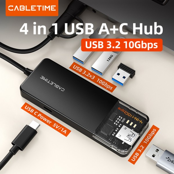 CABLETIME USB hub CT-HUBT5-PB, 4x θυρών, 10Gbps, USB/USB-C σύνδεση, μαύρο - USB Hubs - Card Readers