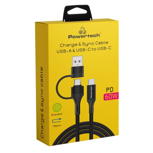 POWERTECH καλώδιο USB & USB-C σε USB-C PTR-0158, PD 60W, copper, 1.5m, μαύρο - Powertech