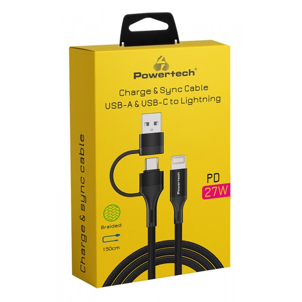 POWERTECH καλώδιο USB & USB-C σε Lightning PTR-0159, PD 27W, copper, 1.5m, μαύρο - Powertech