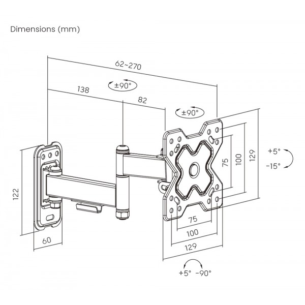 POWERTECH επιτοίχια βάση τηλεόρασης PT-1278, 13-32", έως 20kg, full motion