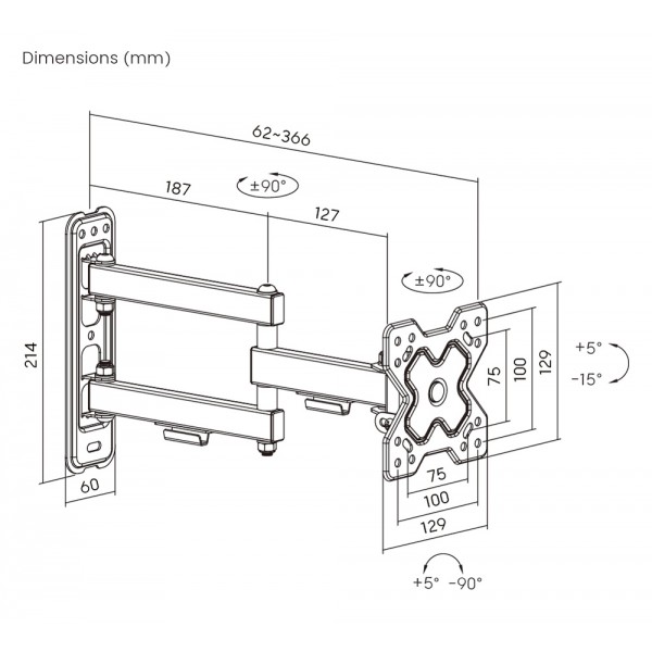 POWERTECH επιτοίχια βάση τηλεόρασης PT-1279, 13-32", έως 20kg, full motion
