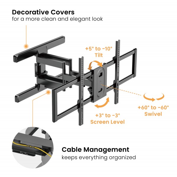 POWERTECH επιτοίχια βάση τηλεόρασης PT-1280, 43-100", έως 60kg, full motion - Powertech