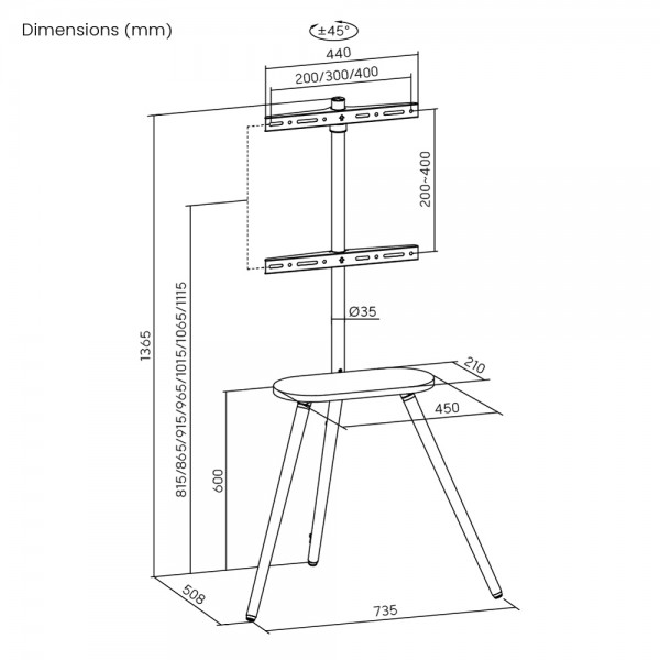 BRATECK βάση τηλεόρασης δαπέδου FS28-44F-04, 43-65", έως 35kg, με ράφι