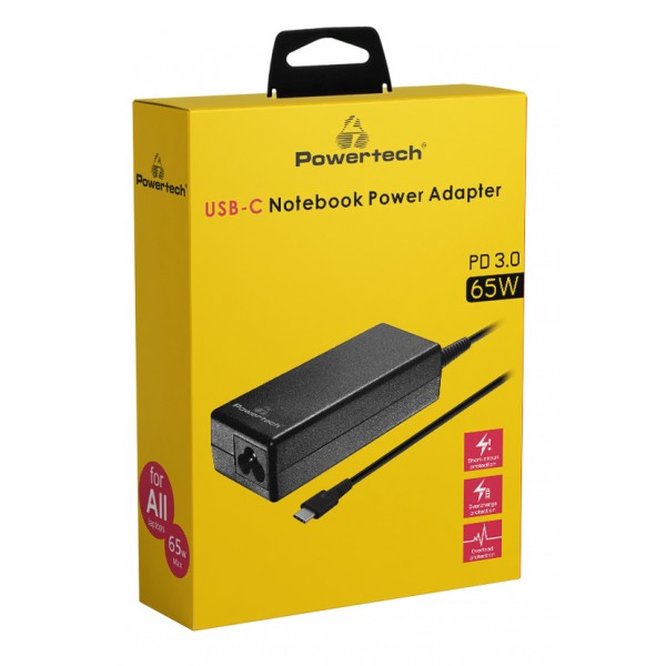 POWERTECH φορτιστής laptop PT-1319, USB-C PD 3.0, universal, 65W, μαύρος - Φορτιστές Laptop