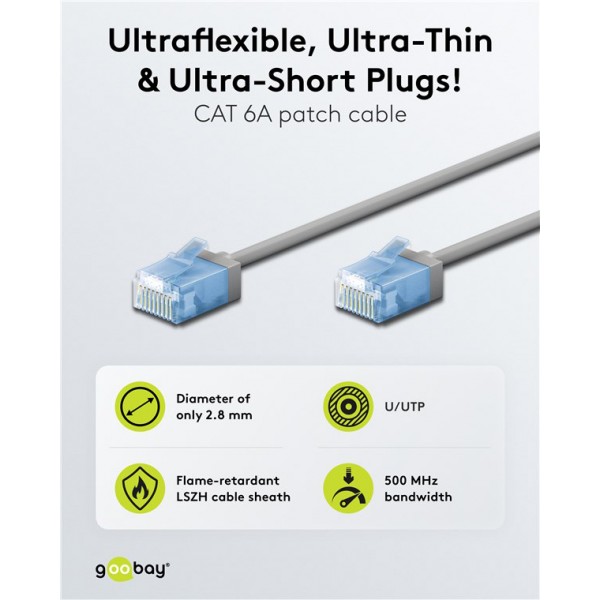 GOOBAY καλώδιο δικτύου 74223, CAT 6A U/UTP, slim, copper, 500MHz, 2m, γκρι - GOOBAY