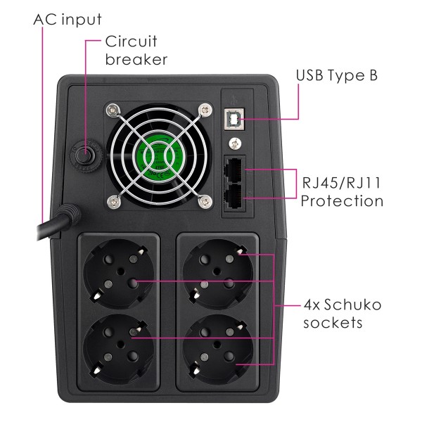 POWERTECH UPS Line Interactive PT-1800LCD με οθόνη, 1800VA, 1080W, 4x Schuko, 2x RJ45/RJ11, USB Type B - Τροφοδοσία Ρεύματος