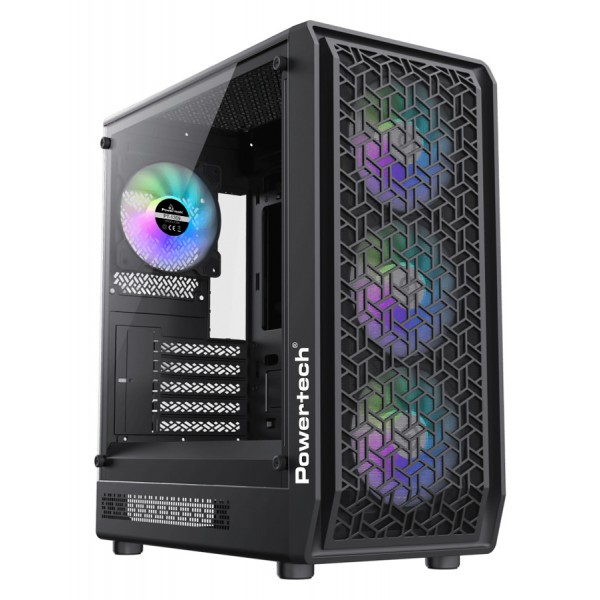 POWERTECH Gaming PC Case PT-1309, tempered glass, 4x ARGB fan, ATX, 340x200x436mm, μαύρο - Κουτιά Υπολογιστών