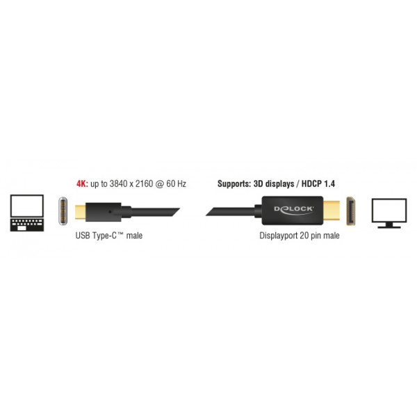 DELOCK καλώδιο USB-C σε DisplayPort 85257, DP Alt Mode, 4K/60Hz, 3m, μαύρο - DeLock
