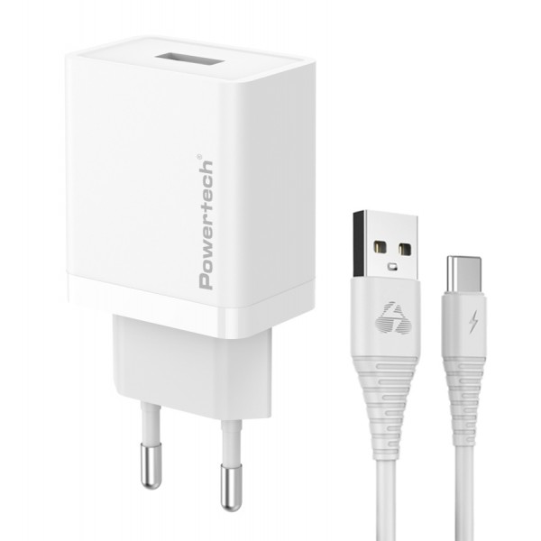 POWERTECH φορτιστής τοίχου PT-1322 με καλώδιο USB-C, USB, 12W, λευκός - Mobile