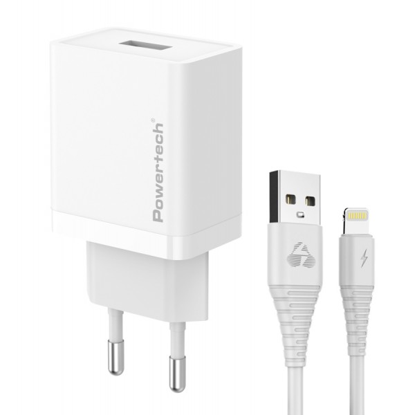 POWERTECH φορτιστής τοίχου PT-1323 με καλώδιο Lightning, USB, 12W, λευκός - Mobile