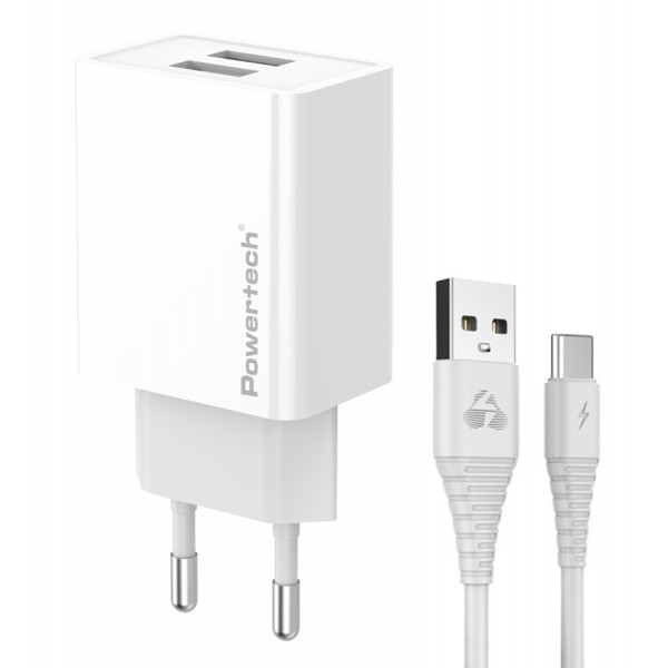 POWERTECH φορτιστής τοίχου PT-1324 με καλώδιο USB-C, 2x USB, 12W, λευκός - Mobile