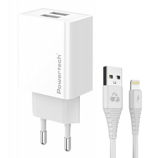 POWERTECH φορτιστής τοίχου PT-1325 με καλώδιο Lightning, 2x USB, 12W, λευκός - Mobile