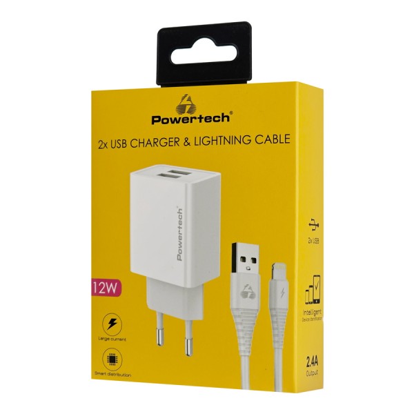 POWERTECH φορτιστής τοίχου PT-1325 με καλώδιο Lightning, 2x USB, 12W, λευκός - Mobile