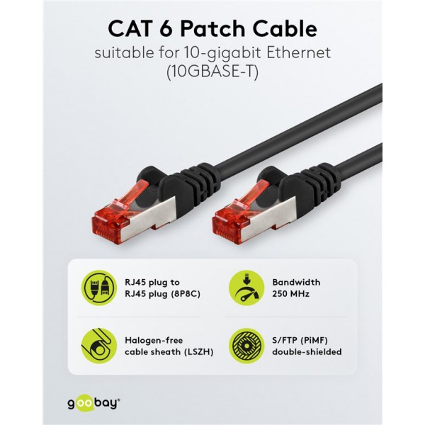 GOOBAY καλώδιο δικτύου 92459, CAT 6 S/FTP, copper, 250MHz, 0.15m, μαύρο - GOOBAY