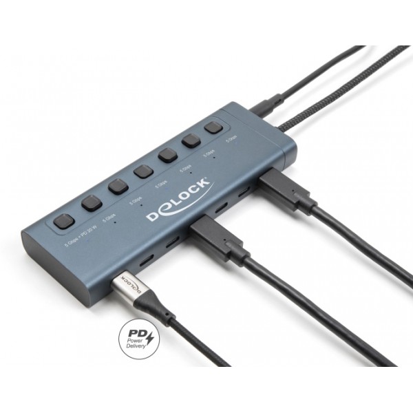 DELOCK USB-C hub 63410 με διακόπτες, 7x θυρών, 5Gbps, 20W, USB-C σύνδεση, μπλε - USB Hubs - Card Readers