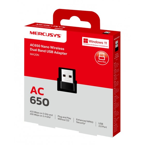 MERCUSYS ασύρματος USB αντάπτορας δικτύου MA20N, 650Mbps AC650, Ver 1.0