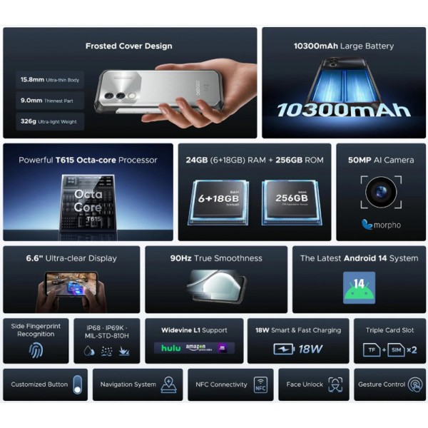 DOOGEE smartphone Blade10 Power, 6.6", 6/256GB, 10300mAh, IP68/IP69K, μαύρο - Smartphones