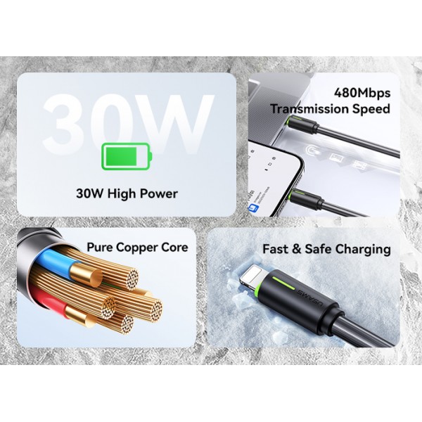 USAMS καλώδιο Lightning σε USB-C US-SJ735, 30W, 480Mbps, 1m, λευκό - USAMS