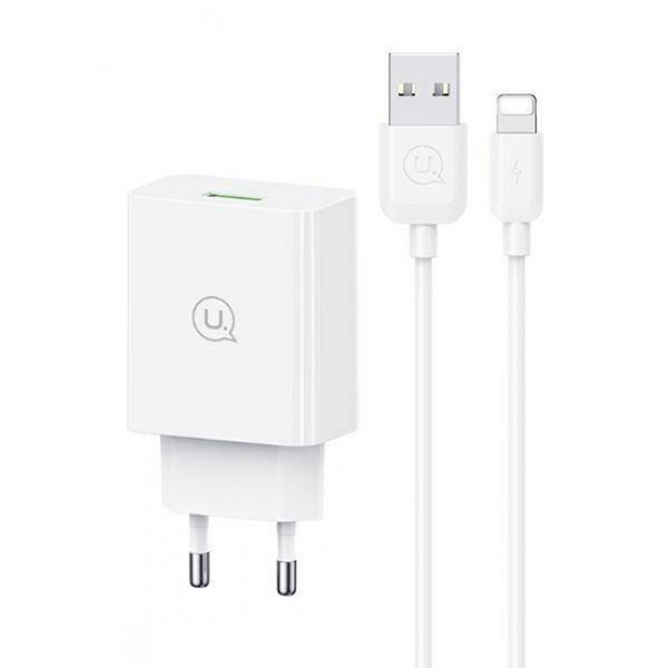 USAMS φορτιστής τοίχου SCXLTZ03 με καλώδιο Lightning, USB, 18W, λευκός - Φορτιστές Κινητών