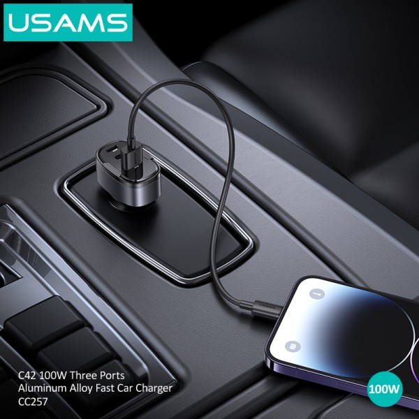 USAMS φορτιστής αυτοκινήτου US-CC257, USB/USB-C/Lightning, 100W, γκρι - Φορτιστές Κινητών