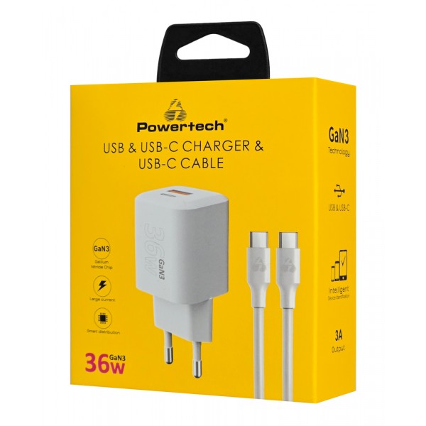 POWERTECH φορτιστής τοίχου PT-1351 με καλώδιο, USB/USB-C, 36W, GaN, λευκός - Φορτιστές Κινητών