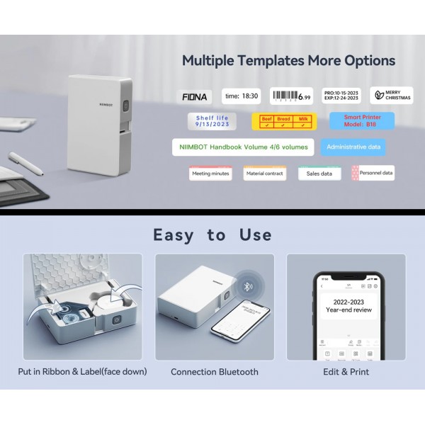 NIIMBOT smart θερμικός εκτυπωτής ετικετών B18, 203dpi, Bluetooth, λευκός - NIIMBOT