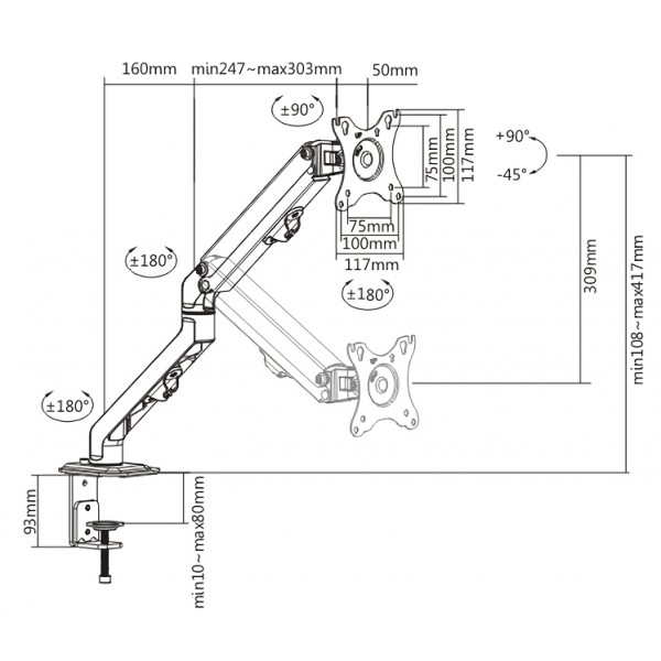 POWERTECH βάση γραφείου οθόνης PT-1365, 17-27", έως 7kg
