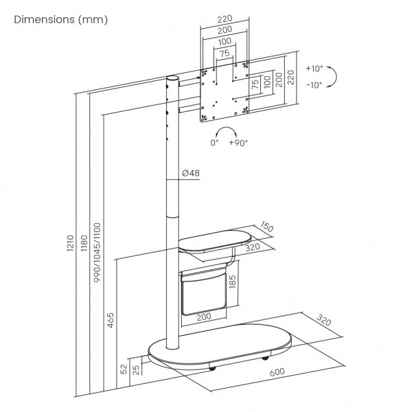 BRATECK βάση τηλεόρασης δαπέδου FS54-22T-02W, 17-43", έως 15kg, με ράφι & ροδάκια