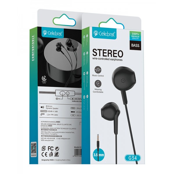 CELEBRAT earphones με μικρόφωνο G34, 3.5mm σύνδεση, 14mm, 1.2m, μαύρα