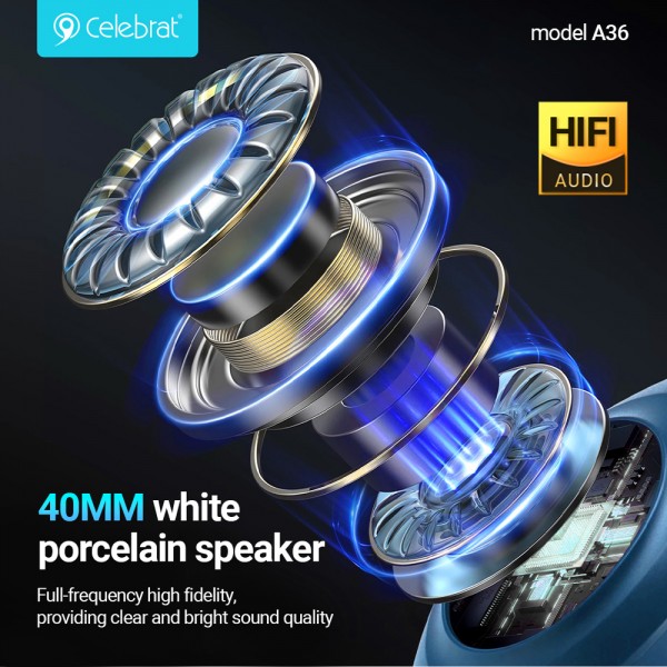CELEBRAT headphones A36, ασύρματα & ενσύρματα, micro SD, 40mm, 250mAh, μαύρα - CELEBRAT