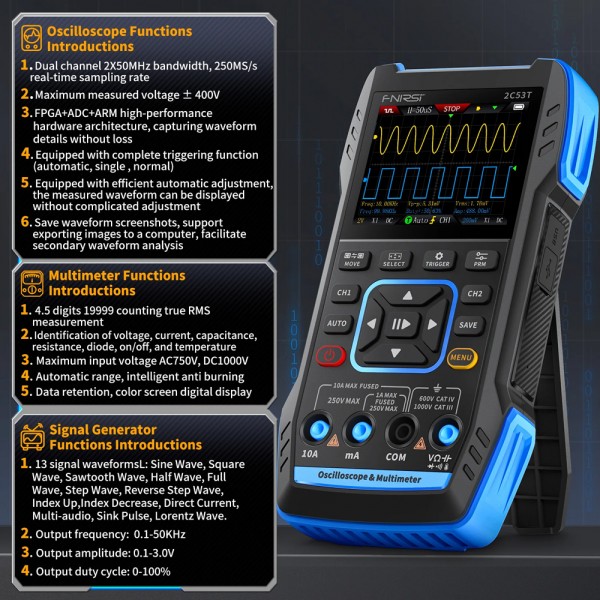 FNIRSI 3 σε 1 παλμογράφος/πολύμετρο/signal generator χειρός 2C53T, επαναφορτιζόμενο