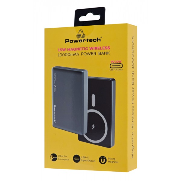 POWERTECH power bank PT-1377, 10000mah, magnetic wireless, 20W, γκρι