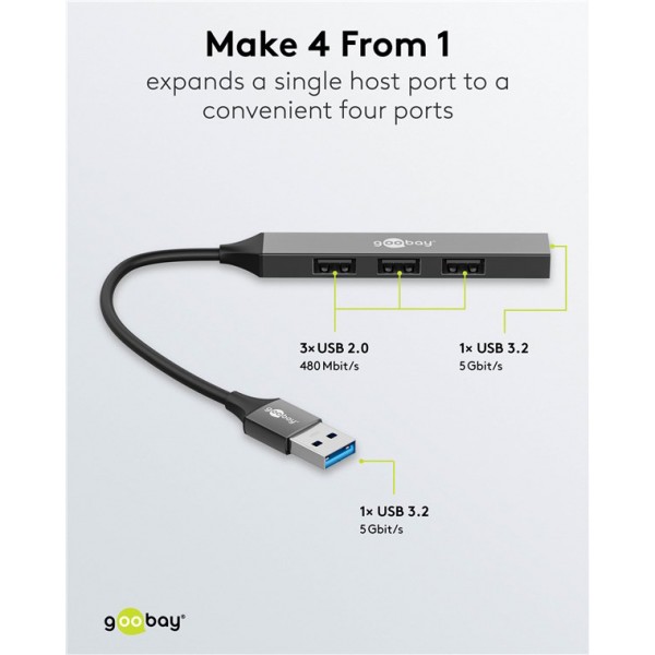 GOOBAY USB hub 74456, 4x θυρών, USB 3.2, 5Gbps, USB σύνδεση, γκρι