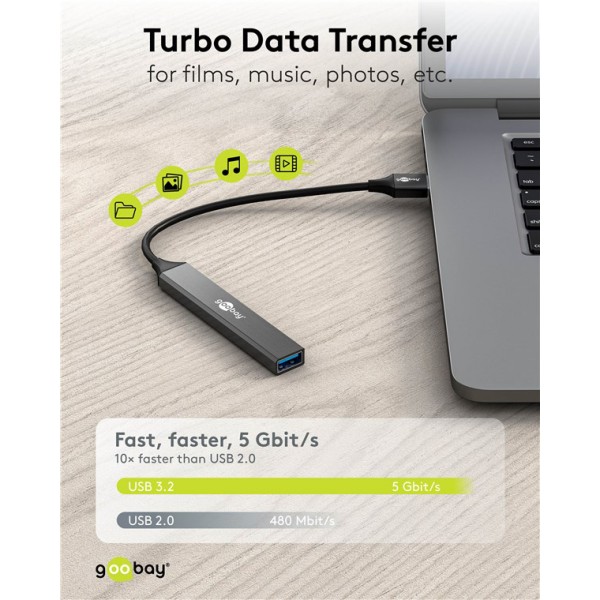 GOOBAY USB hub 74456, 4x θυρών, USB 3.2, 5Gbps, USB σύνδεση, γκρι - USB Hubs - Card Readers