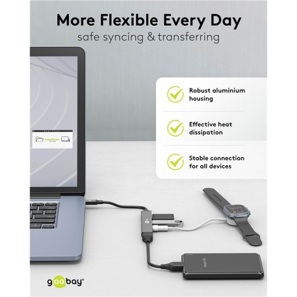 GOOBAY USB hub 74457, 4x θυρών, USB 3.2, 5Gbps, USB-C σύνδεση, γκρι