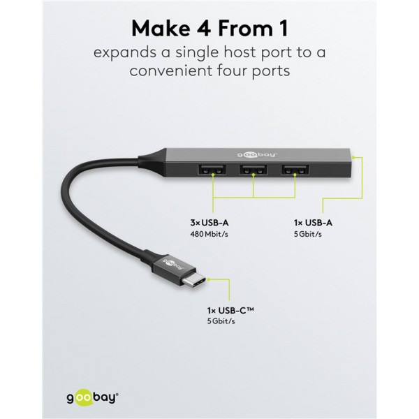 GOOBAY USB hub 74457, 4x θυρών, USB 3.2, 5Gbps, USB-C σύνδεση, γκρι