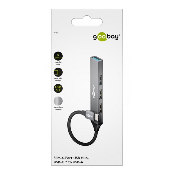 GOOBAY USB hub 74457, 4x θυρών, USB 3.2, 5Gbps, USB-C σύνδεση, γκρι