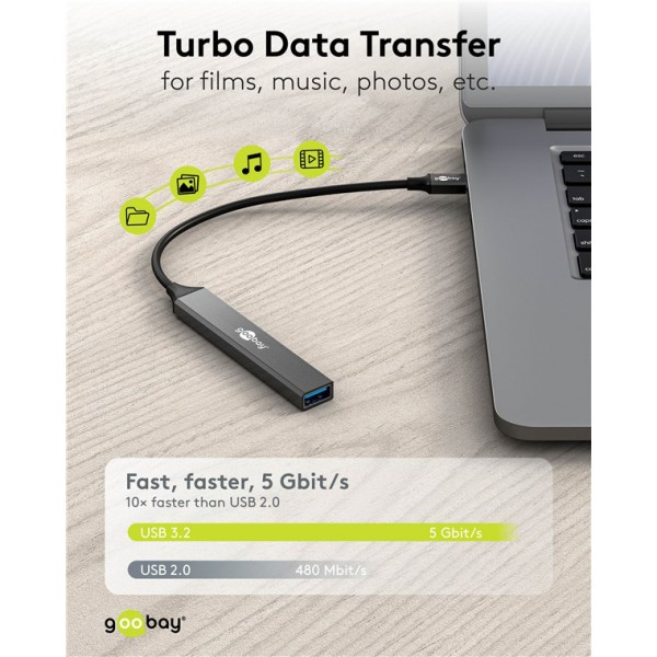 GOOBAY USB hub 74458, 4x θυρών, USB 3.2, 5Gbps, USB σύνδεση, γκρι - USB Hubs - Card Readers
