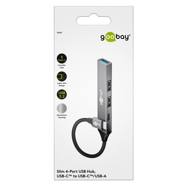 GOOBAY USB hub 74459, 4x θυρών, USB 3.2, 5Gbps, USB-C σύνδεση, γκρι