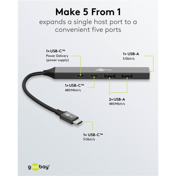 GOOBAY USB hub 74460, 5x θυρών, USB 3.2, 5Gbps, 100W, USB-C σύνδεση, γκρι