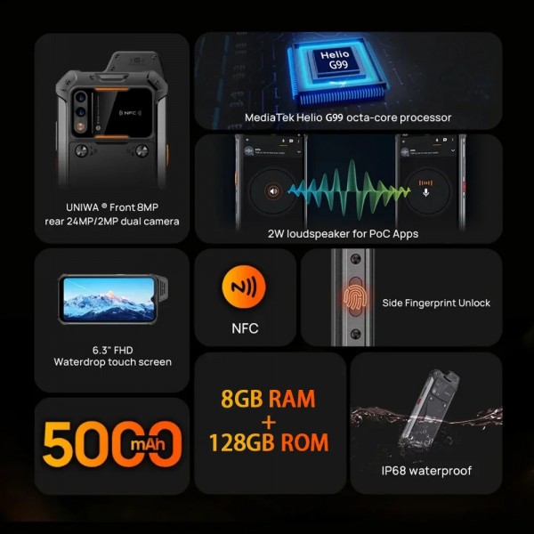 UNIWA smartphone W999, 6.3", 8/128GB , ηχείο 2W, Atex Zone 2, IP68, μαύρο - Smartphones