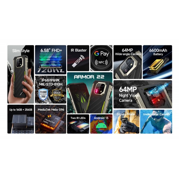 ULEFONE smartphone Armor 22, 6.58", 8/256GB, 6600mAh, IP68/IP69K, μαύρο - Smartphones