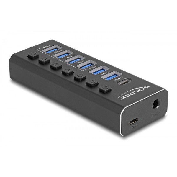 DELOCK USB hub 64326 με διακόπτες, 7x θυρών, 10Gbps, USB/USB-C σύνδεση, μαύρο