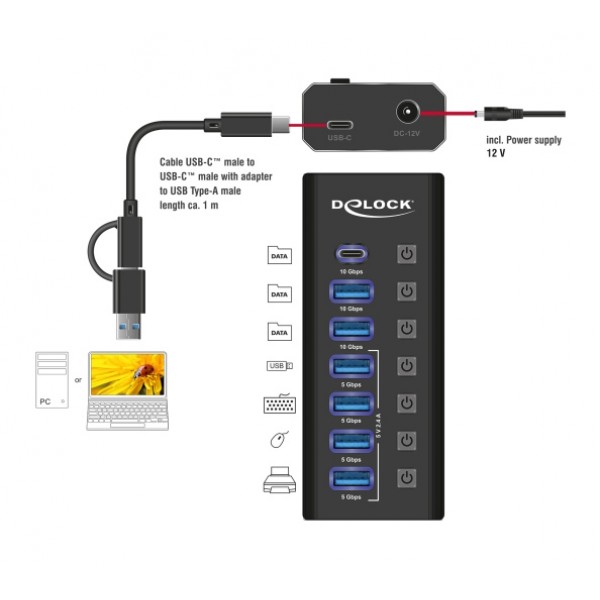 DELOCK USB hub 64326 με διακόπτες, 7x θυρών, 10Gbps, USB/USB-C σύνδεση, μαύρο - USB Hubs - Card Readers