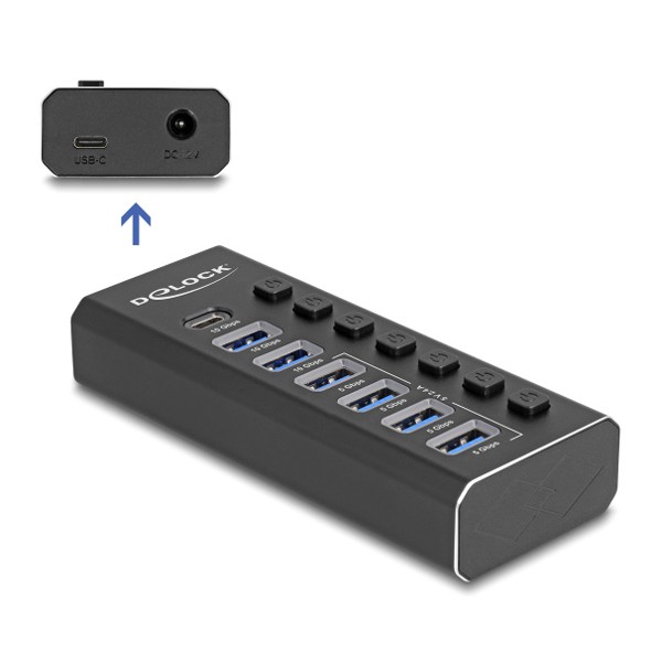 DELOCK USB hub 64326 με διακόπτες, 7x θυρών, 10Gbps, USB/USB-C σύνδεση, μαύρο - USB Hubs - Card Readers