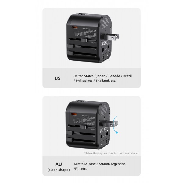 USAMS φορτιστής/αντάπτορας πρίζας US-CC179, USB-C & 2x USB, universal, 20W, μαύρος